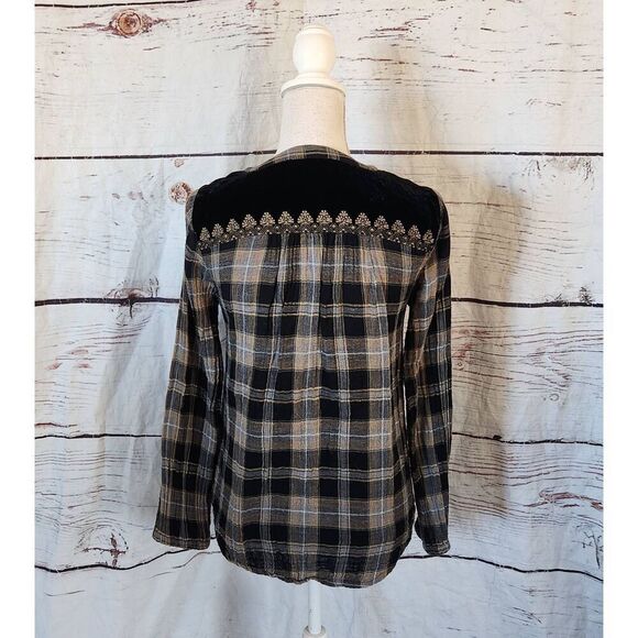 Sundance Silk Velvet Plaid Embroidered Boho Blouse Size XS - Picture 3 of 7